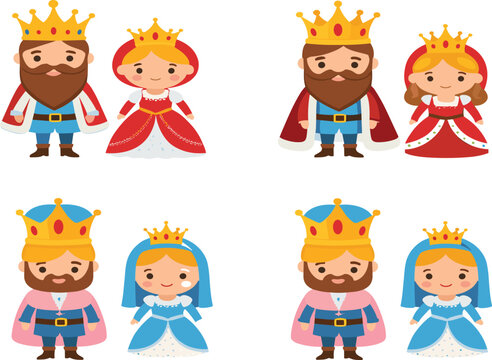 Cute cartoon king and queen character set with royal costumes for kids fairy tale vector illustration