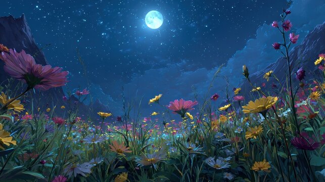 Enchanted wildflower meadow under a glowing full moon and starry night sky with distant mountains