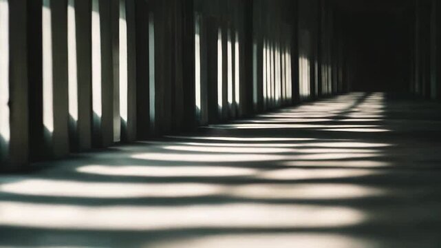 Concrete corridor stretching into darkness, sun creating strong parallel stripes of light and shadow on the ground, emphasizing architectural lines and depth