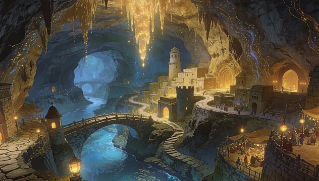 Enchanted cave city marketplace with flowing river and glowing stalactites, fantasy ambiance, adventure.