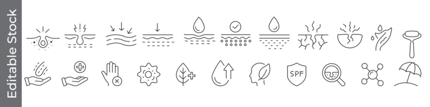 Skin care and dermatology icon set &ndash; editable outline symbols of hydration, dryness, SPF, protection, healthy skin and sun care