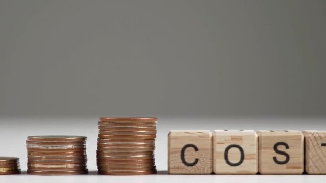 Concept of decreasing cost, stacks of coins gradually getting smaller, wooden blocks spelling COST arranged next to them, clean minimal studio background, soft even lighting, subtle shadows