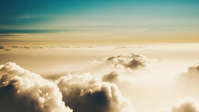 Golden sunlight illuminates a vast expanse of fluffy cumulus clouds, forming a tranquil aerial vista stretching towards a clear horizon, creating a warm and peaceful atmospheric backdrop