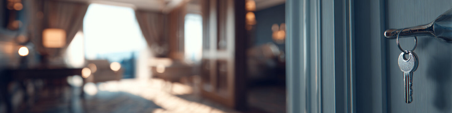 A key hangs from a door handle in a blurred luxurious interior background