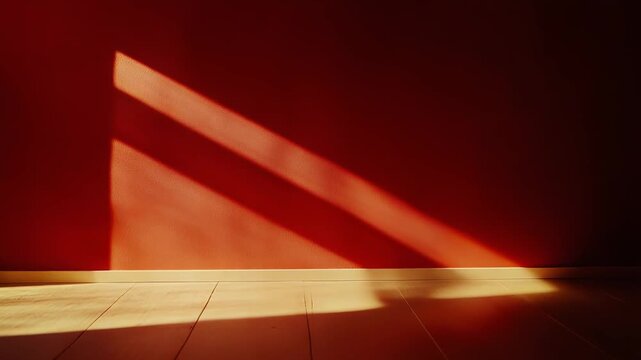 Warm sunlight streams into an empty room, creating strong geometric shadows and bright patterns across the textured red wall and light wooden floor, suggesting a sense of peace and contemplation