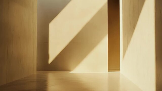 Modern architectural space featuring an empty corridor with light beige walls and floor, capturing warm sunlight through an opening, creating sharp, expressive geometric shadow patterns