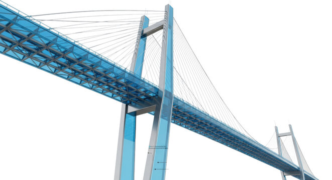massive hyper-futuristic suspension bridge of polished transparent blue glass and brushed titanium structure, detailed low-angle 3d render. concept of advanced structural engineering