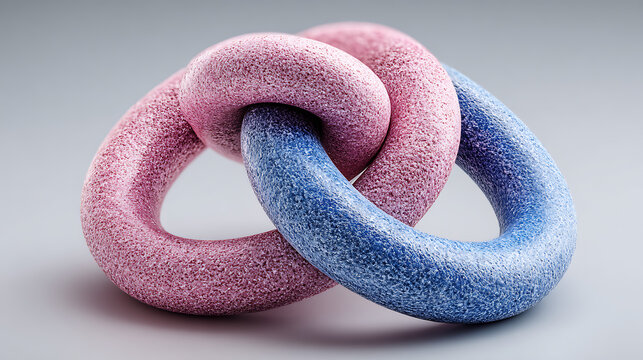 Interlocking abstract torus shapes in textured pink and blue, symbolizing connection, partnership, and complex unity against a neutral backdrop.