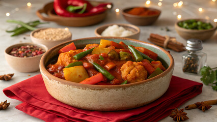 Spicy Vegetable Vindaloo Curry in Traditional Indian Setting