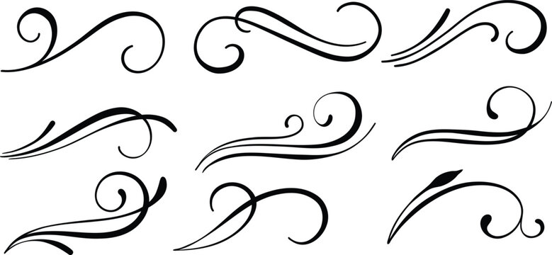 Hand drawn vintage flourishes, vector ornament set, isolated decorative clip art banner or divider