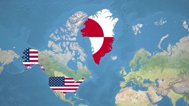 Greenland, USA map and Denmark Map Animation | World Location Map with Country Highlights. Geopolitical strategy, expansionism, and international relations for economic and territorial advantage.