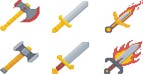 Retro pixel art weapon icons vector collection, 8-bit sword, axe, and hammer symbols for gaming design