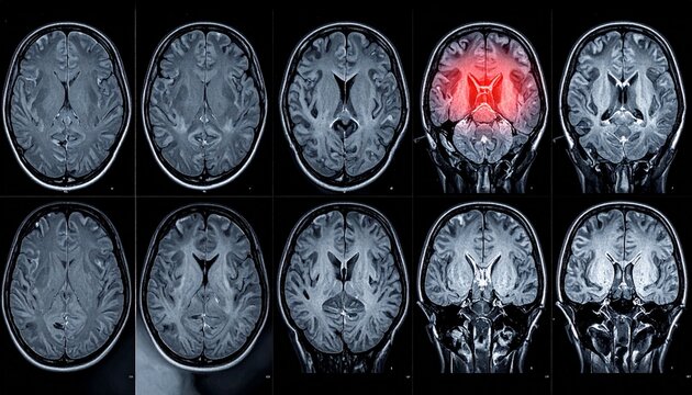 "Series of grayscale brain scans with one highlighted red abnormality among normal structures."