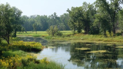 Serene river landscape with lush green forest and marshland on a sunny day
