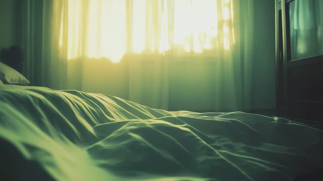 Empty bed with rumpled sheets illuminated by warm golden sunlight streaming through a window with sheer curtains, creating a tranquil atmosphere in the bedroom