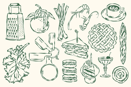 Minimalist hand-drawn food and beverages vector illustration in sketch style for greeting cards, wedding invites, posters, branding, logo design, backgrounds, and modern creative projects.