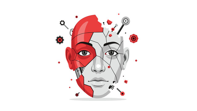 Abstract illustration of a broken robot face, symbolizing artificial intelligence, technology, and the future of robotics with mechanical parts and circuitry.
