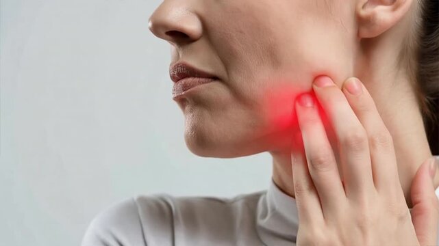 A woman experiencing facial pain, touching her cheek with concern. Focus on wellness and health issues.
