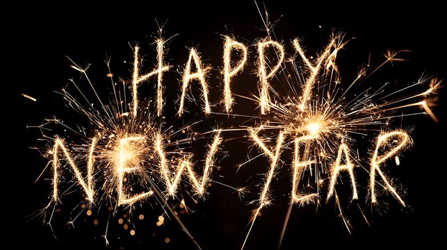 happy new year, festive greeting card - featuring sparkler font and fireworks pyrotechnic, set against a black night sky backdrop.