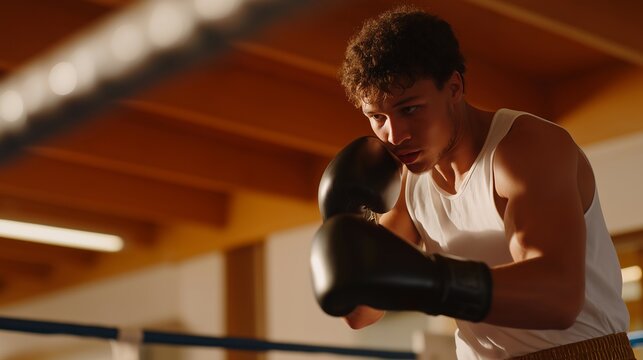 In a local gym, a boxing ring becomes the focal point as aspiring athletes practice, embodying motivation and hard work, ideal for promoting fitness services and youth sports programs. cinematic