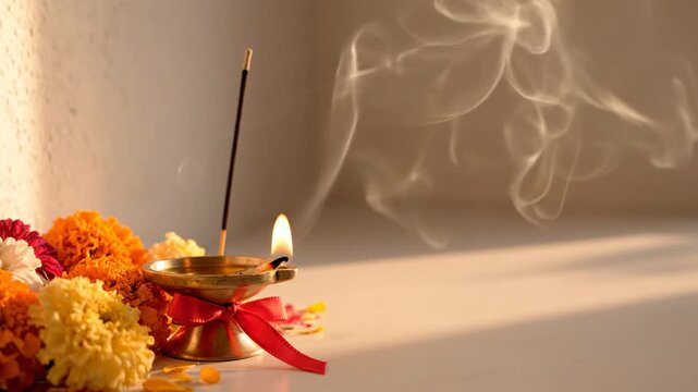 Traditional Indian Festival Lamp with Incense Burning and Marigold Garland Warm Golden Light Soft Focus Background