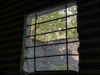 view from a dark room through a metal bar on a window, prison