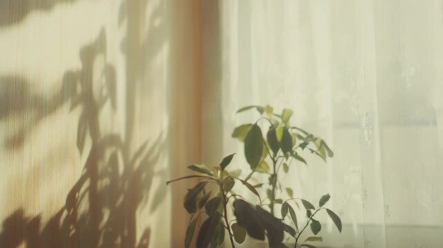 Potted green plant thriving inside a home, casting intricate leaf shadows on a cream colored wall in soft afternoon sunlight filtering through a sheer window curtain