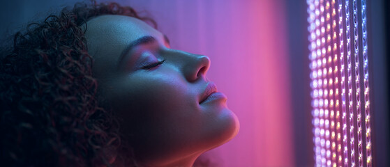 Fototapeta premium A serene woman with curly hair relaxing under colorful LED light therapy