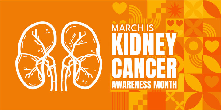 Kidney cancer awareness month banner with white kidneys line art and orange geometric pattern, vector illustration