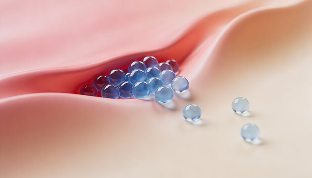 Abstract 3d macro of blue microcapsules settling in smooth valley surface targeted skincare delivery concept pastel gradient background