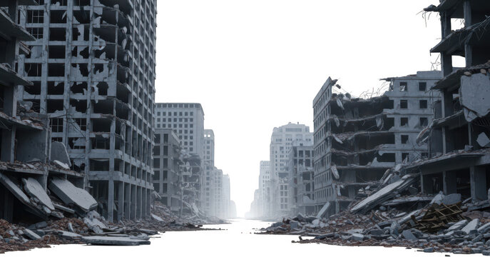 Destroyed cityscape with rubble strewn across the street between damaged buildings evoking scenes of urban devastation and disaster destruction architecture collapse war ruin