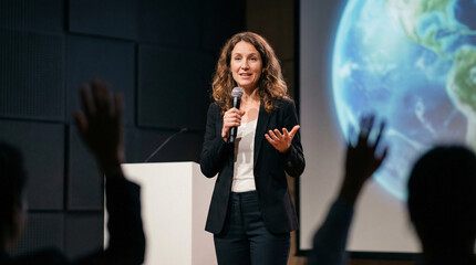 Confident female speaker engaging audience with a presentation about the Earth