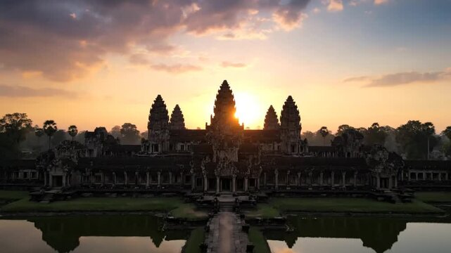Aerial drone footage captures Angkor Wat temple at sunrise light over reflective moat