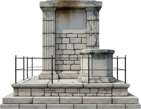 Ornate stone monument with fluted columns and a low railing displaying weathered textures and a central stone tablet architecture historical memorial classical public structure