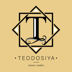 Logo, capital letter T. There is a botanical monogram in two squares - T. with organic plant elements. Vector design. beauty salon. for a tattoo studio.