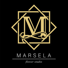 Logo, capital letter M. There is a botanical monogram in two squares - M. with organic plant elements. Vector design. beauty salon. for a tattoo studio.