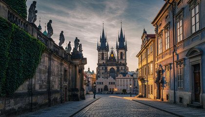 Fototapeta premium Cobblestone Street Leading to Gothic Cathedral in Old Town