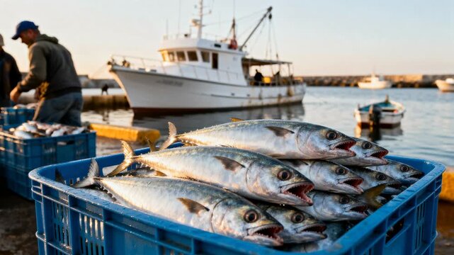 Fresh tuna catch in blue crate at harbor dock with fishing boat at sunrise.
