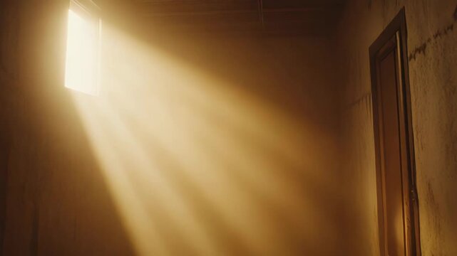 Sunbeam slicing through an old window into a dusty, empty room, golden dust motes dancing in strong contrast of light and shadow, evoking hope, mystery, and quiet stillness