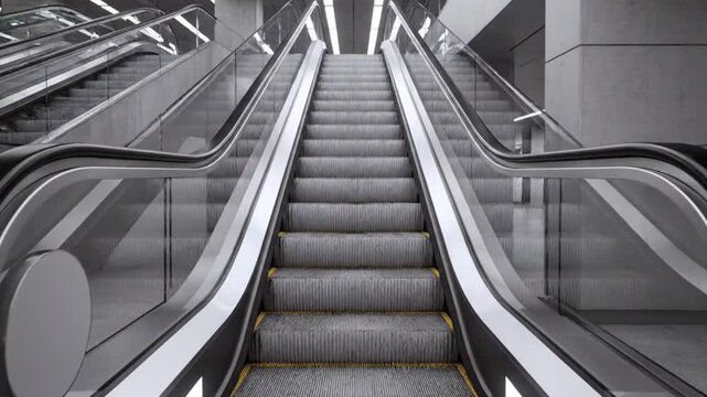 Multiple gray escalators ascending in a modern building interior viewed from below with clean lines and minimalistic architecture visible.