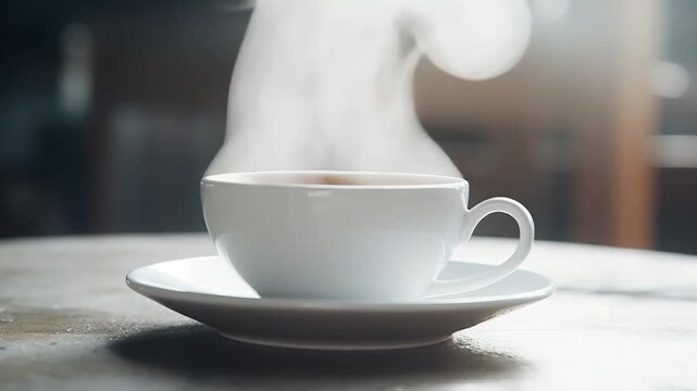Hot steaming coffee in a white cup and saucer on a wooden table, inviting a warm, comforting pause morning ritual, aroma rising, cozy moment of calm and energy