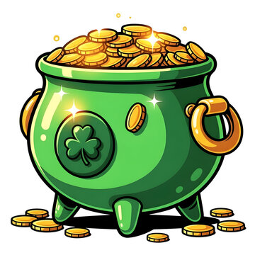 A cartoon green pot of gold coins isolated on transparent background