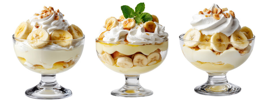 Banana pudding dessert with whipped cream and mint leaves in glass cup, isolated on white background, concept of sweet treat