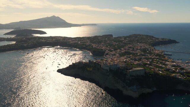 Procida Old Town In The Mediterranean Sea In Italy - Drone Shot