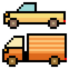 Delivery truck and truck pick up in pixel art style 