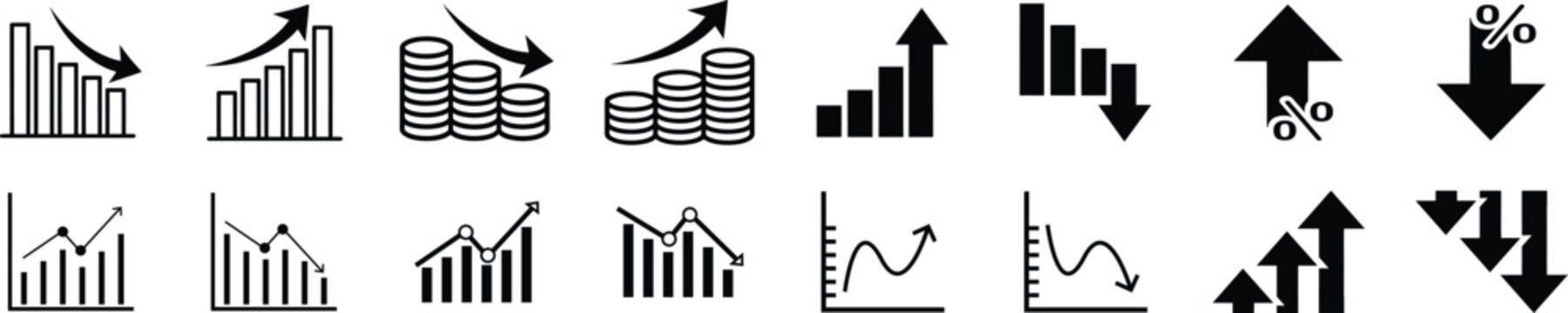 Black and white business graph and chart icons with arrows