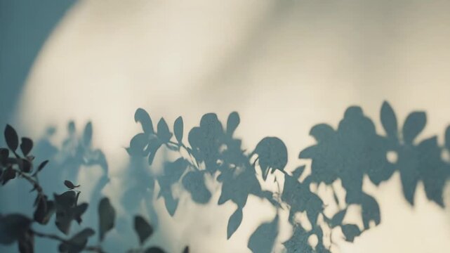 Leafy branch casting strong, organic shadows on a sunlit textured wall, soft natural light on green foliage evoking growth, calm, minimal pattern and serene summer warmth