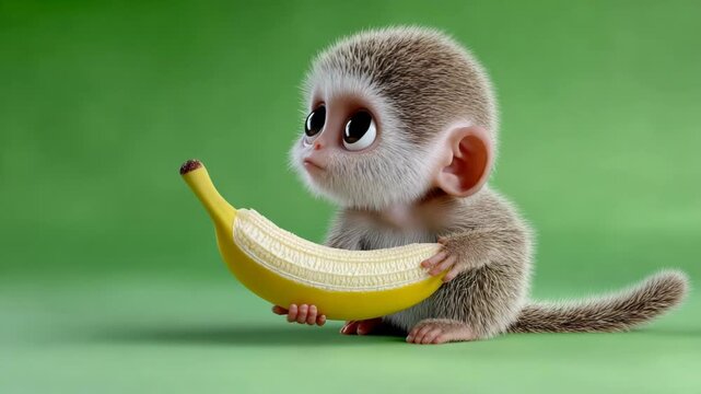 Adorable, cartoon-style monkey holds a ripe banana, on a green backdrop
