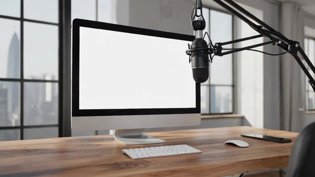A modern photography workspace featuring a large computer monitor, a microphone on an adjustable arm, and a wooden desk. Bright windows provide natural light.