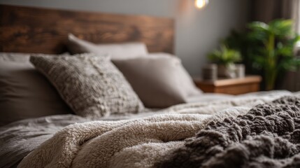 Cozy and comfortable bed with soft textured pillows and fluffy blankets in a warm bedroom setting